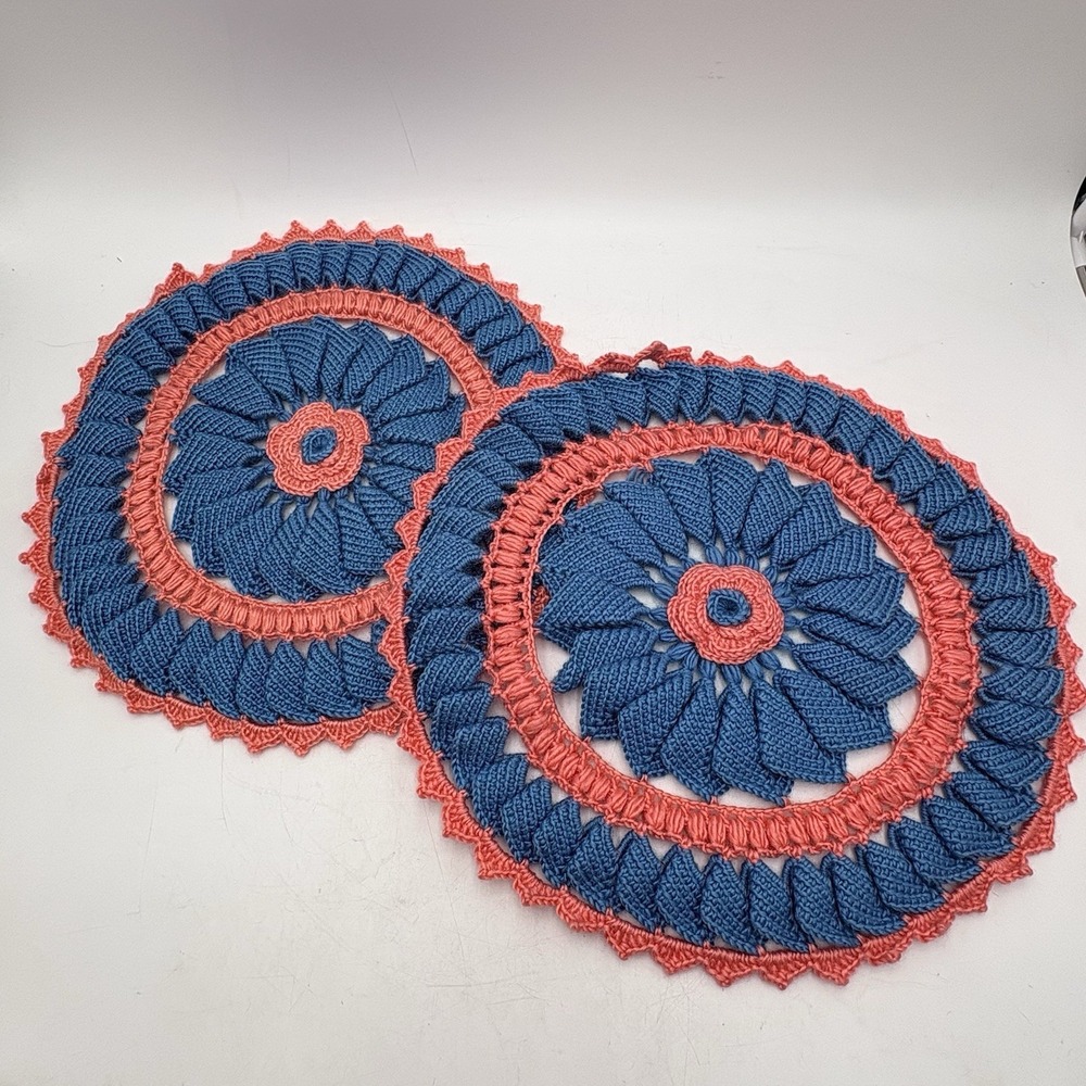 Vintage 13" Handmade Crochet Doilies Chair Covers Blue Pink Floral Set of 2 Boho
